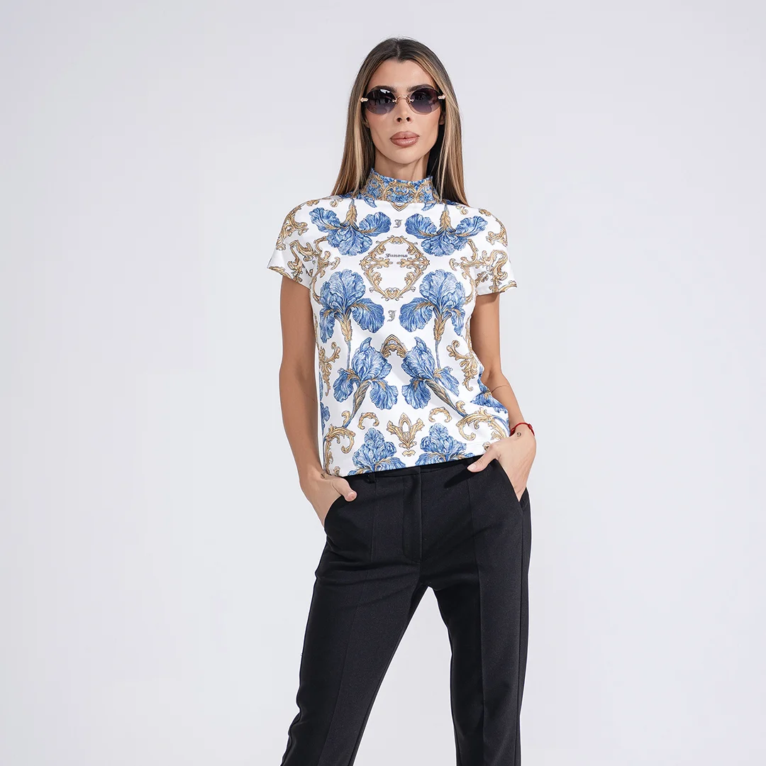 Блуза с поло яка и контрастен принт Junona